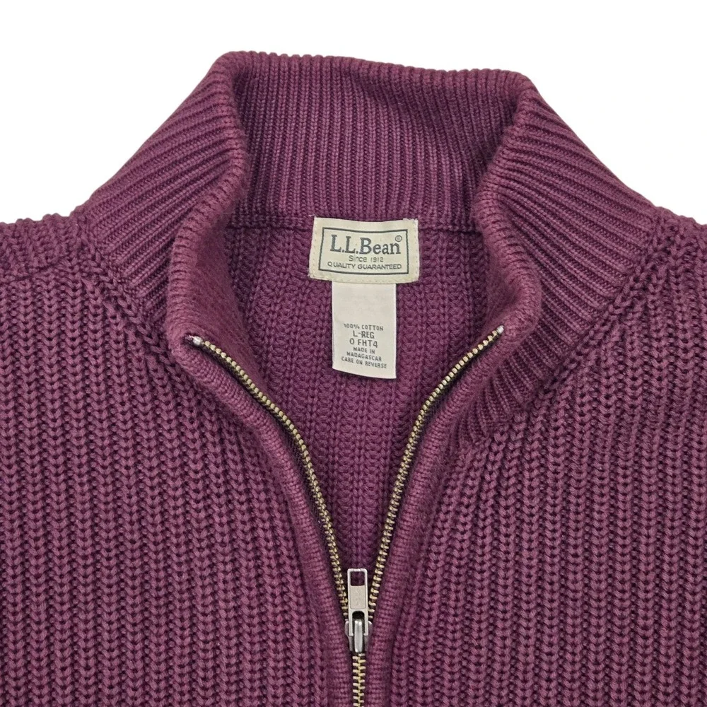 Vtg 90s LL Bean Full Zip Chunky Knit Ribbed Cotton Sweater Burgundy Men's L MINT